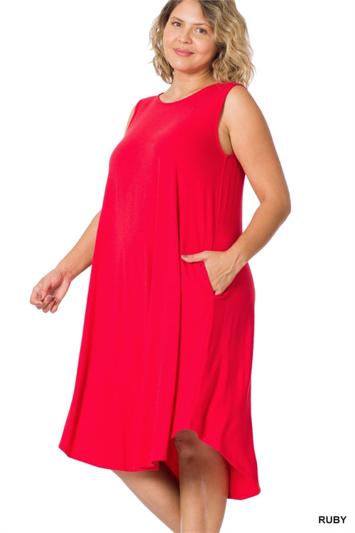 Sleeveless Round Neck, Round Hem Midi Dress-Ruby