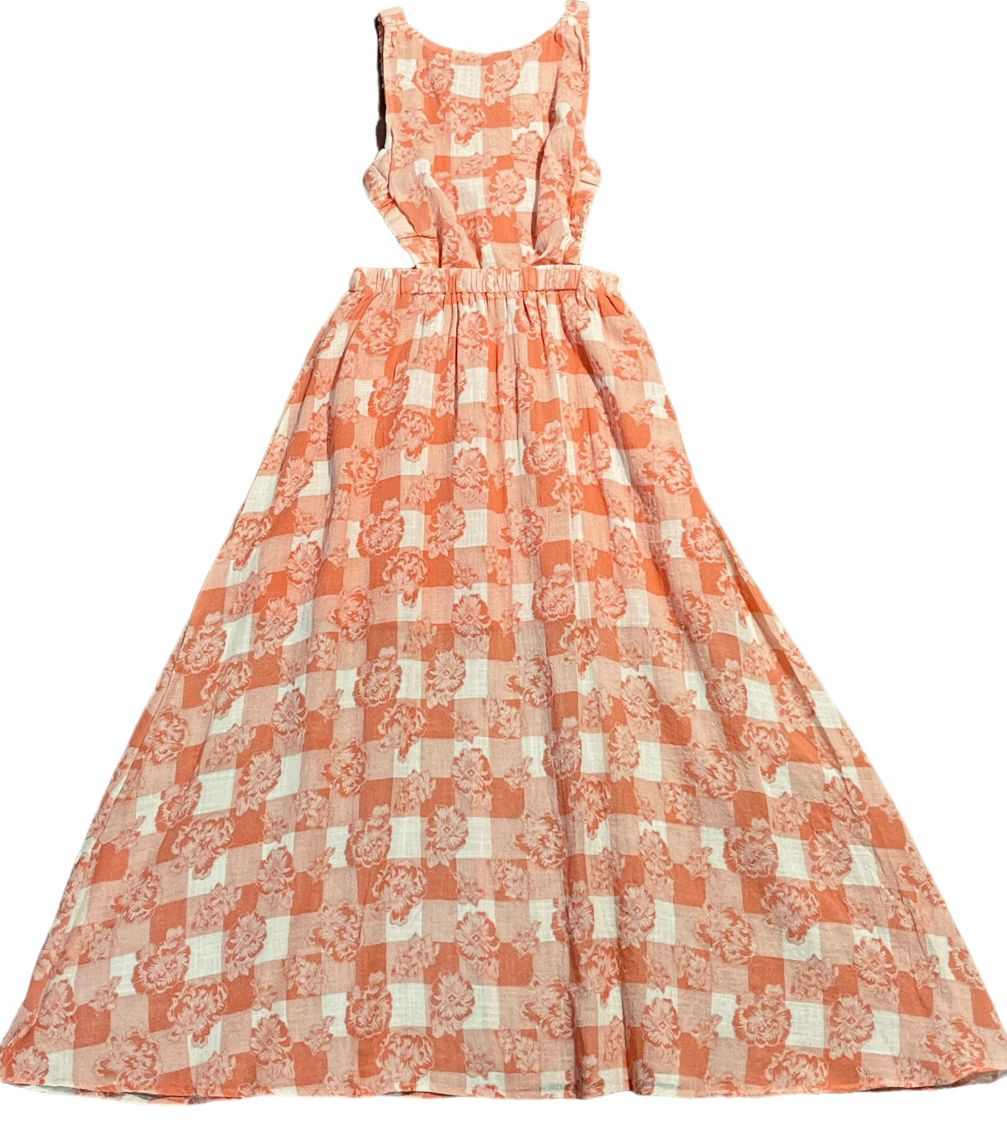 Side Cut-Out Floral Midi , Orange And White Plaid Dress