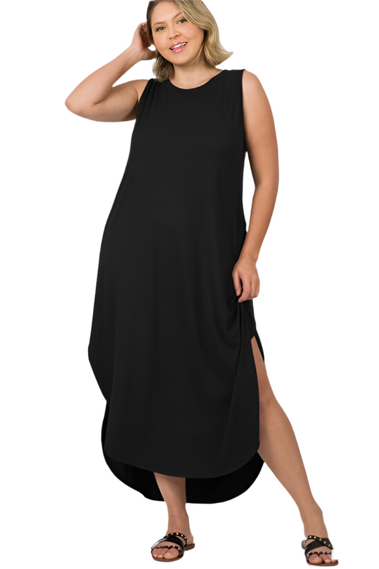 PLUS BRUSHED SIDE SLIT DRESS WITH POCKETS- BLACK