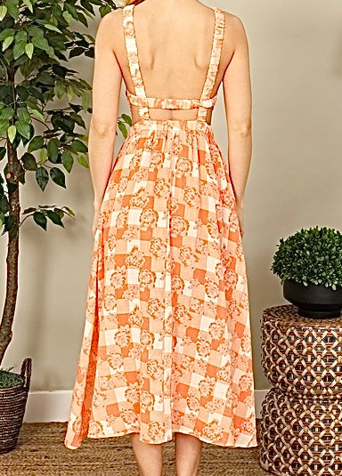 Side Cut-Out Floral Midi , Orange And White Plaid Dress