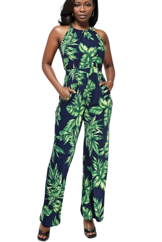 Tropical Green Leaf And Navy Jumpsuit