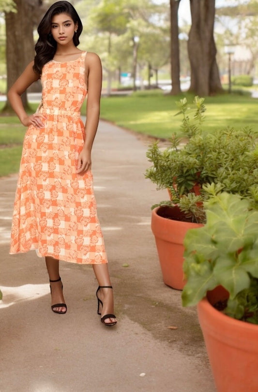 Side Cut-Out Floral Midi , Orange And White Plaid Dress