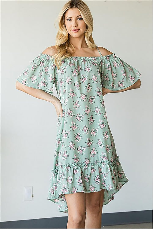 Mint Floral Off Shoulder Mini Dress