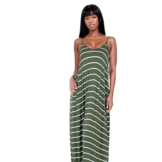 STRIPE CAMI MAXI DRESS WITH POCKETS, ARMY GREEN IVORY