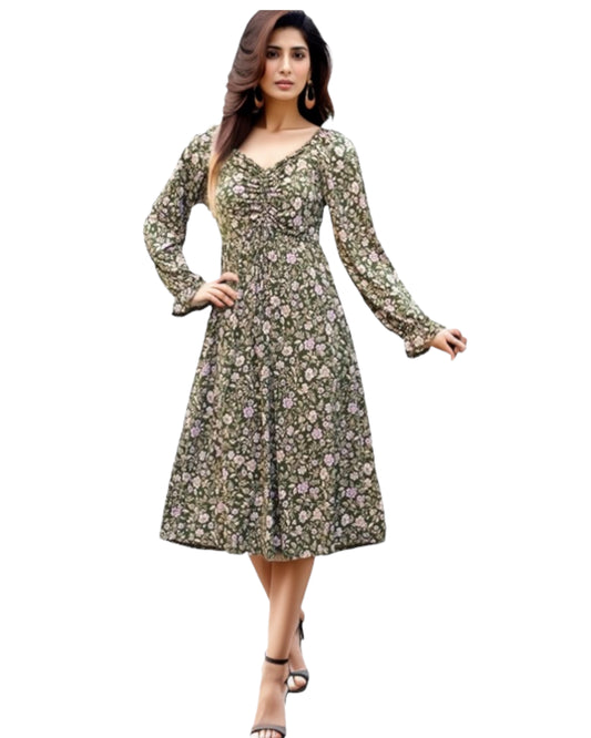 DK OLIVE PLUS SIZE FLORAL LONG SLEEVE DRESS