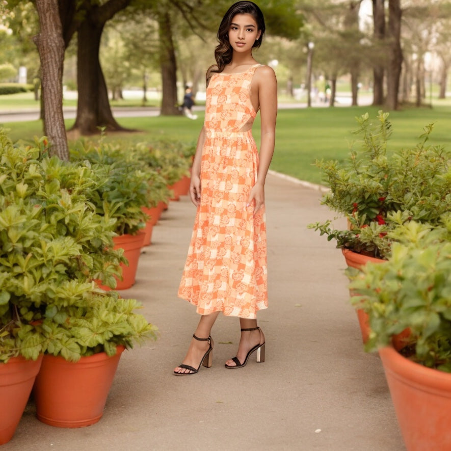 Side Cut-Out Floral Midi , Orange And White Plaid Dress