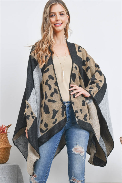 Open Front Leopard Print Ruana  Wrap Kimono (Brown)