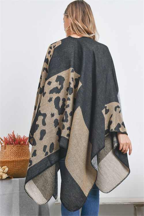 Open Front Leopard Print Ruana  Wrap Kimono (Brown)