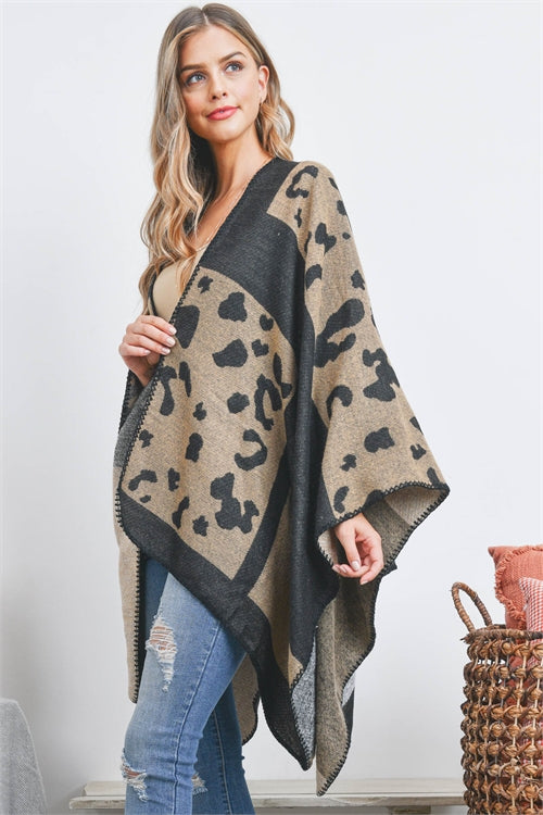 Open Front Leopard Print Ruana  Wrap Kimono (Brown)